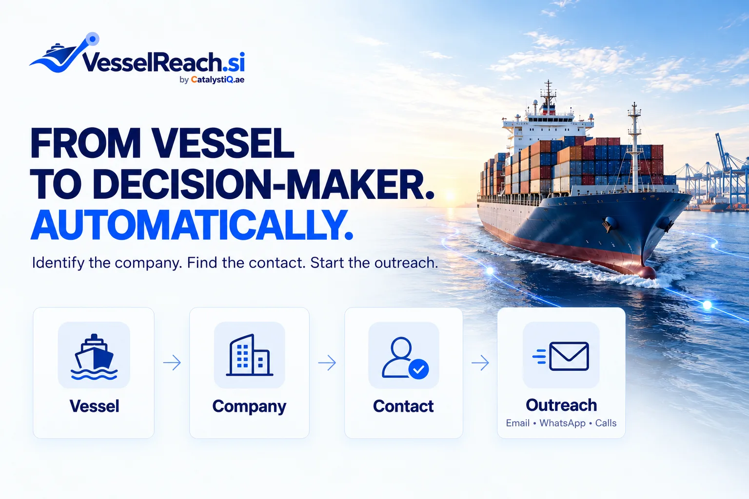 From vessel to decision-maker. Automatically. FROM VESSEL TO DECISION-MAKER. AUTOMATICALLY. Identify the company. Find the contact. Start the outreach. Vessel -> Company -> Contact -> Outreach (Email, WhatsApp, Calls).